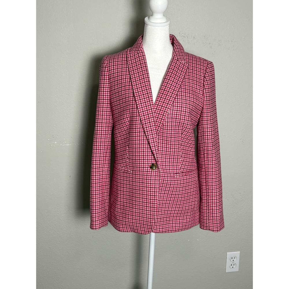 J.Crew Womens Pink Houndstooth Blazer Jacket Gold Button Size 6 Preppy Classic